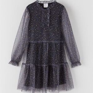 Zara Kids Tulle Navy Blue Floral Long Sleeve Dress Size 6